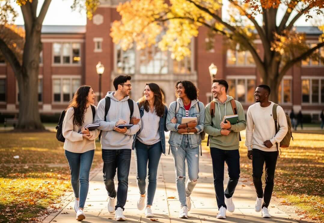 Estudiantes en un campus universitario de Estados Unidos participantes del programa Work and Travel USA con FSL